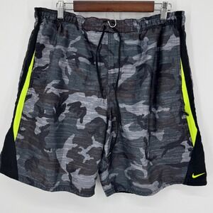 Nike XL Camo Swim Trunks Shorts Neon Green Accent Drawstring Waist